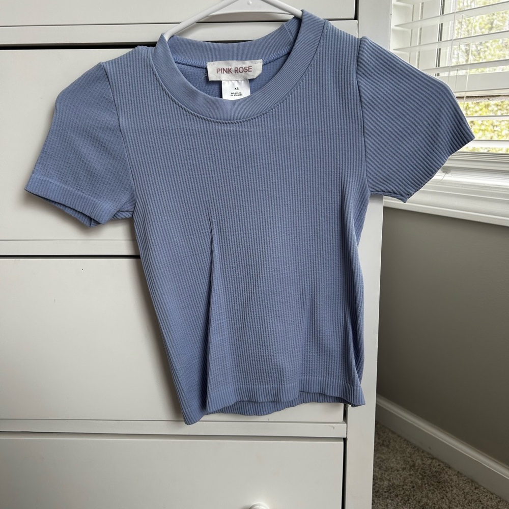 Pink Rose Kids Blue Ribbed T-Shirt